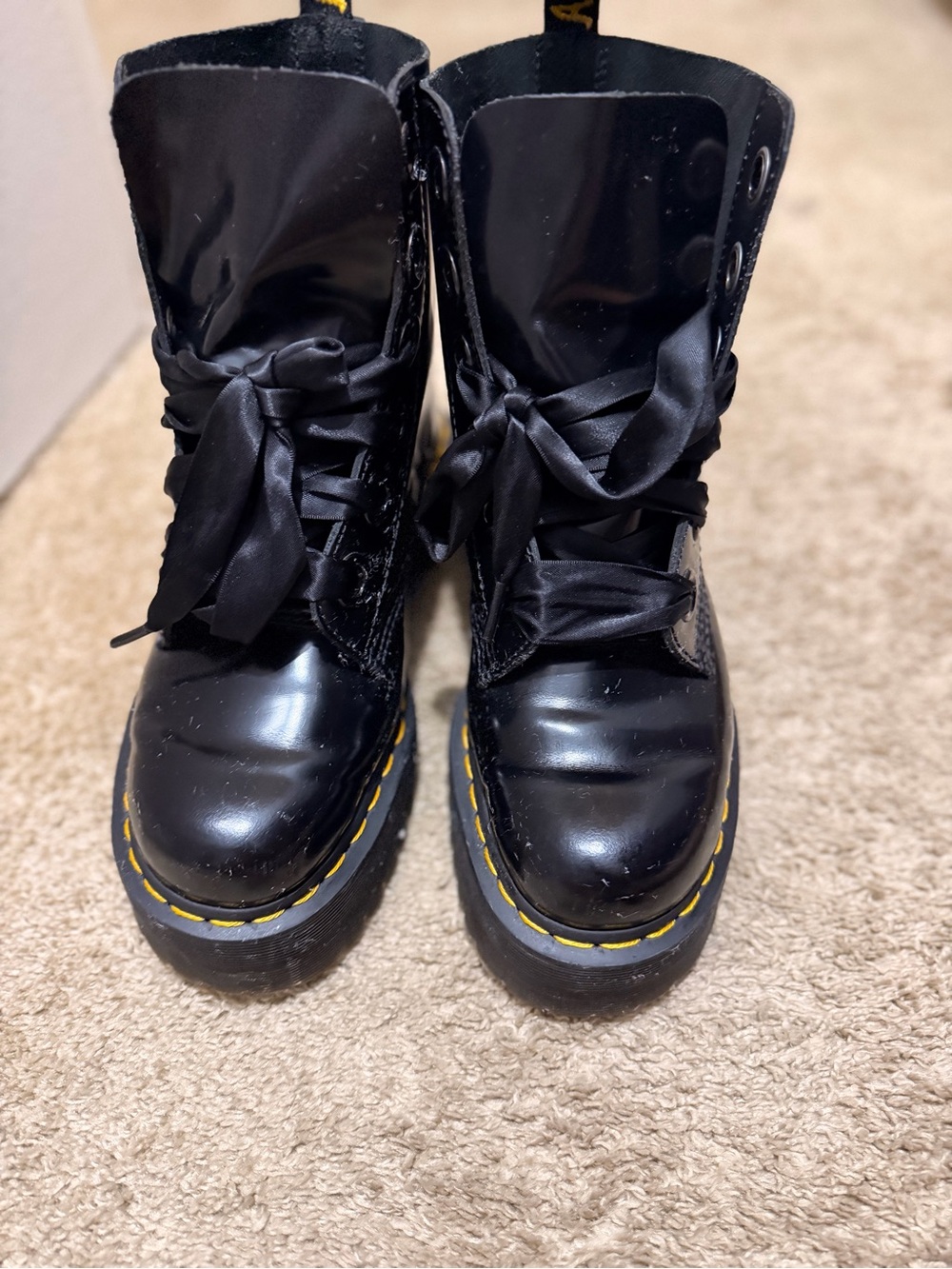 Dr. Martens Black Lace-Up Boots with Yellow Welt Stitching